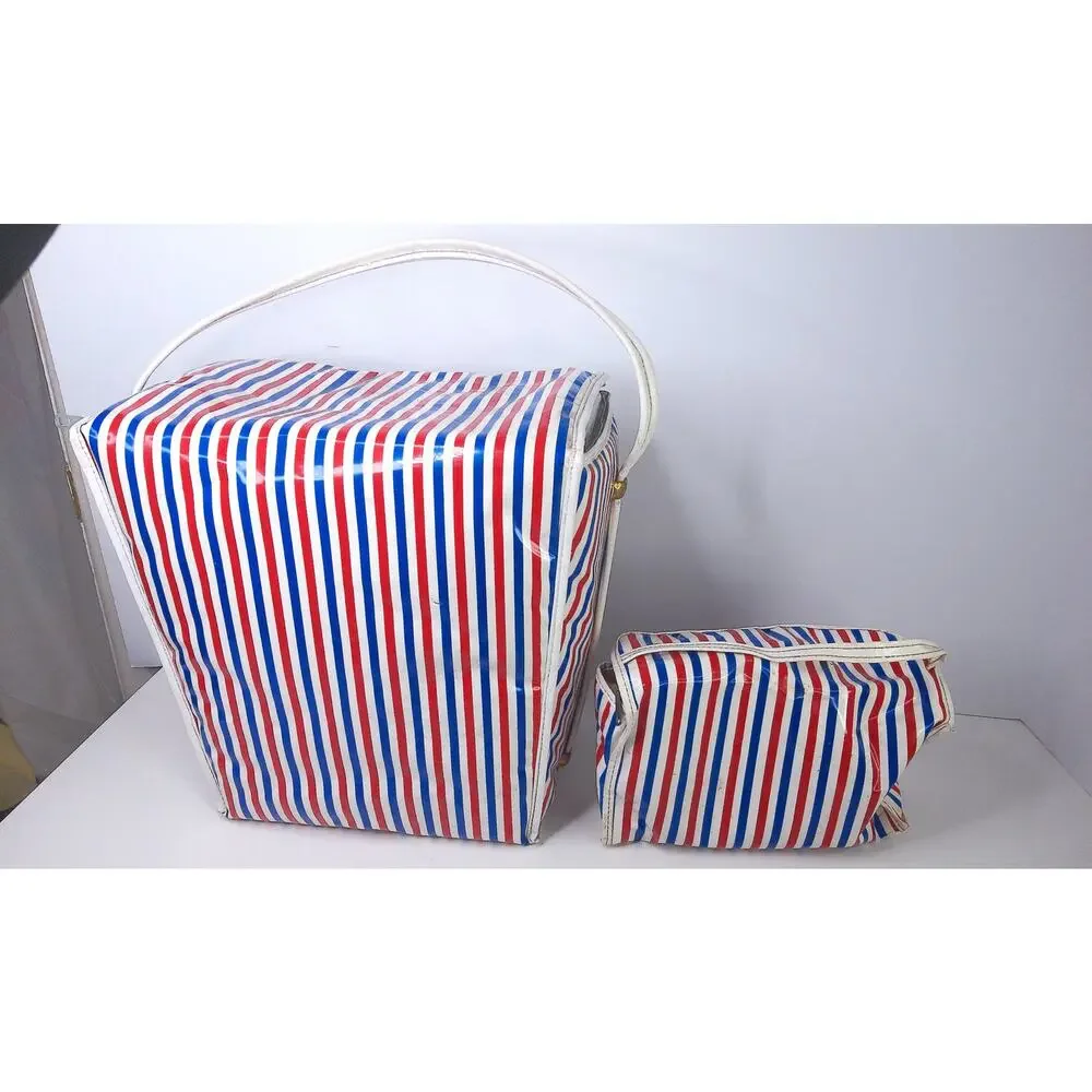 Vintage Prepac Vinyl Insulated Cooler Bags Red White Blue Stripes Set of 2